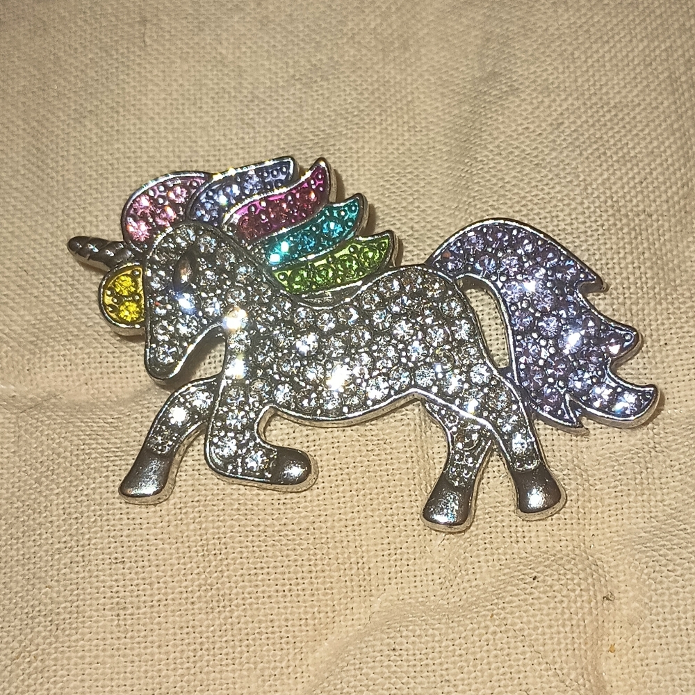 Rainbow Unicorn Pendant Silver Tone Multicolor Rhinestones Glam Bling Sparkle